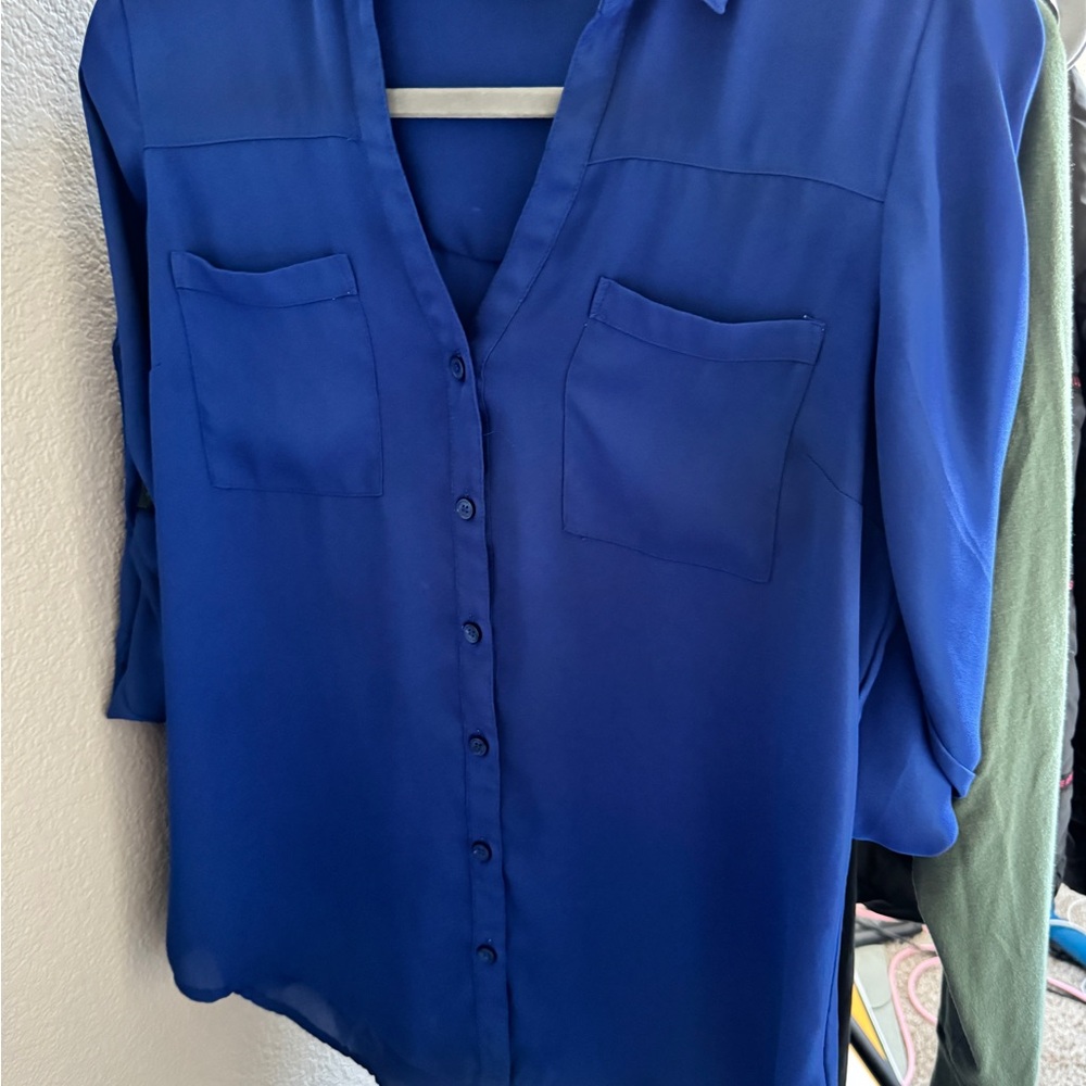 Express Blue Cuffed Sleeve Button Down Shirt